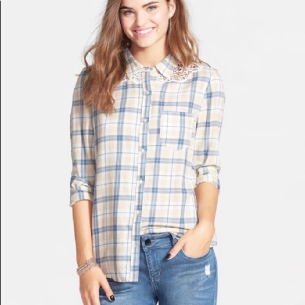 Sun & Shadow Plaid Crochet Button Down